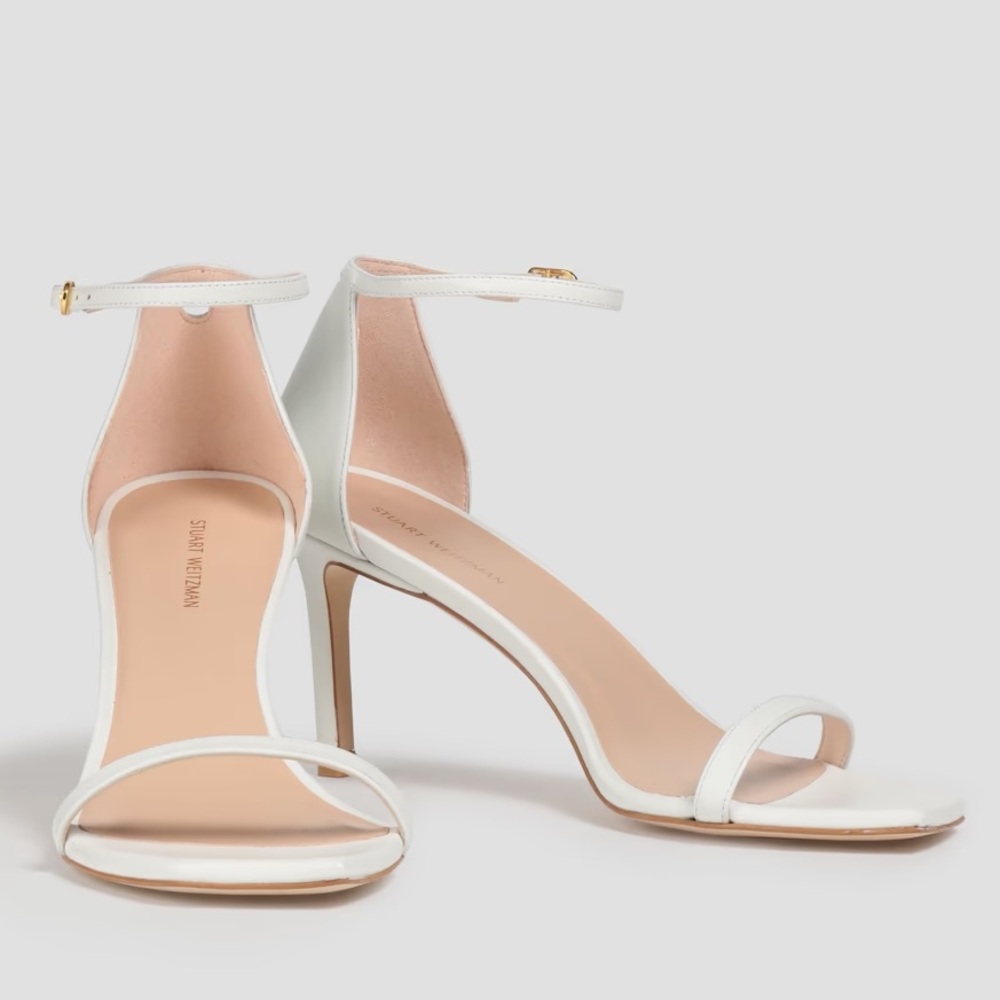 White leather stuart weitzman sandal ankle strap stiletto heels